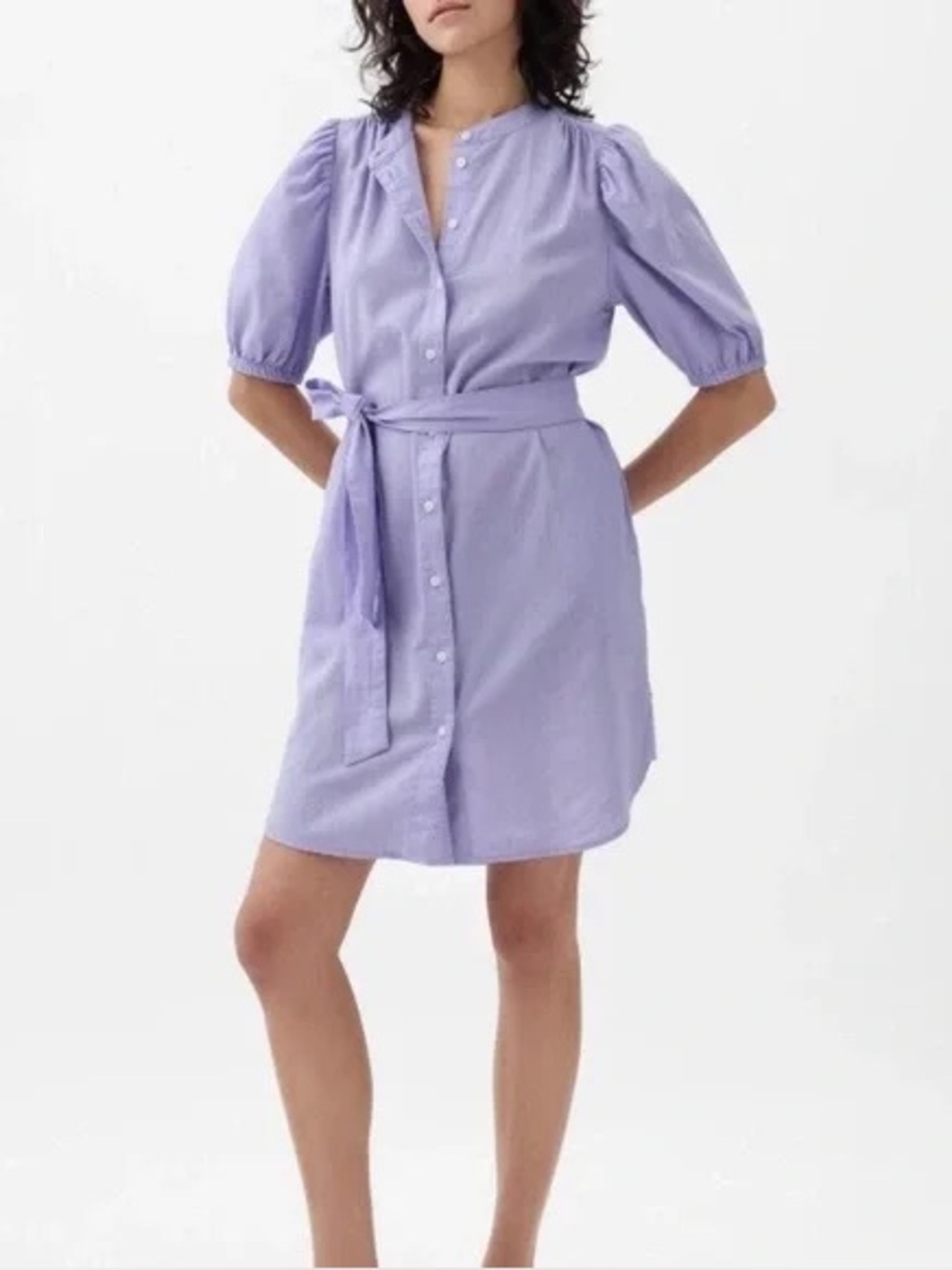 GAP Lilac Linen Blend Puff Sleeve Belted Dress Sz XL - Picture 2 of 7